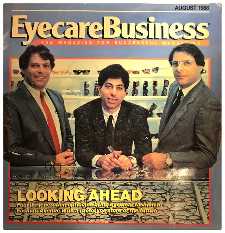 The August 1988 cover of Eyecare Business magazine, featuring three fourth-generation opticians behind a display of frames under the headline “Looking Ahead”.