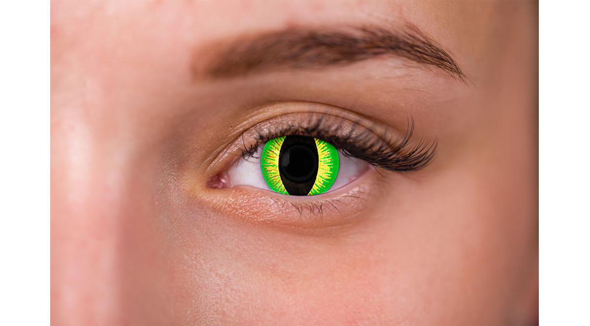 woman wearing green reptile contacts